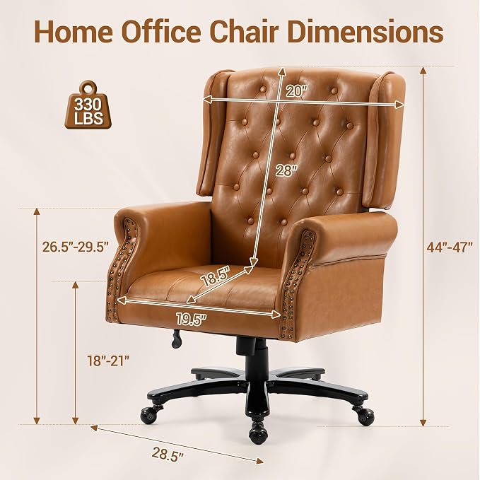 Vintage High Back Wingback Executive Office Chair, Brown | Home Desk Chairs with Tufted Nailhead Trim & PU Faux Leather, Heavy Duty Adjustable Rocking Computer Chair for Gaming