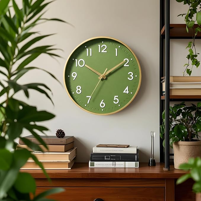 Mosewa 12 Inch Wall Clock Battery Operated Silent Non Ticking Analog | Olive green & gold modern clock; oversized 3D easy-read dial for kitchen, bedroom & office; 1 AA battery (not included)