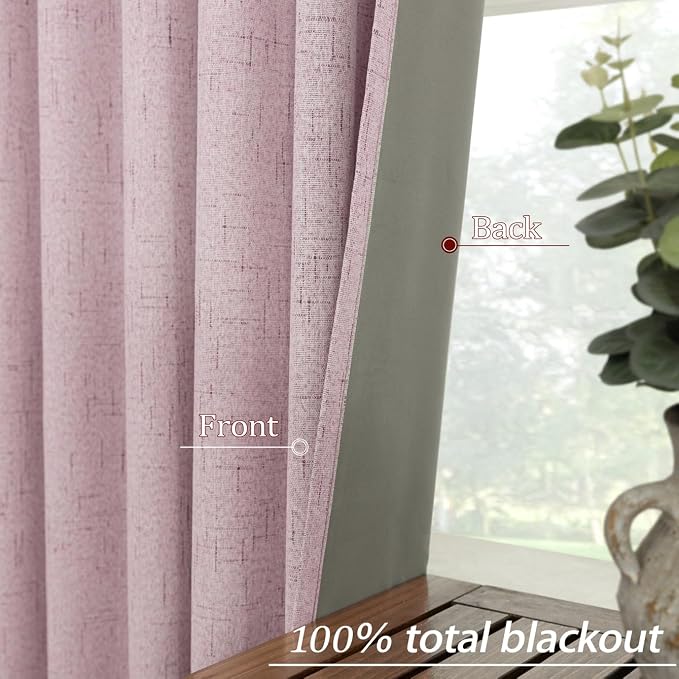 KOUFALL Pink Curtains 63 Inch Long for Girls Room, Linen Blackout Room Darkening Girly Curtains for Bedroom, 2 Panel Set, Light Pink