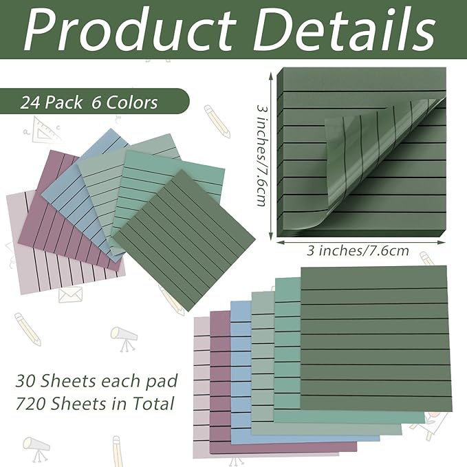 Yinder 24 Pack 720 Sheets Transparent Sticky Notes Translucent Clear Lined Self Sticky Notes for Bible Tabs, Book Tabs, Office School Supplies(3 x 3 Inch,Fresh Color)