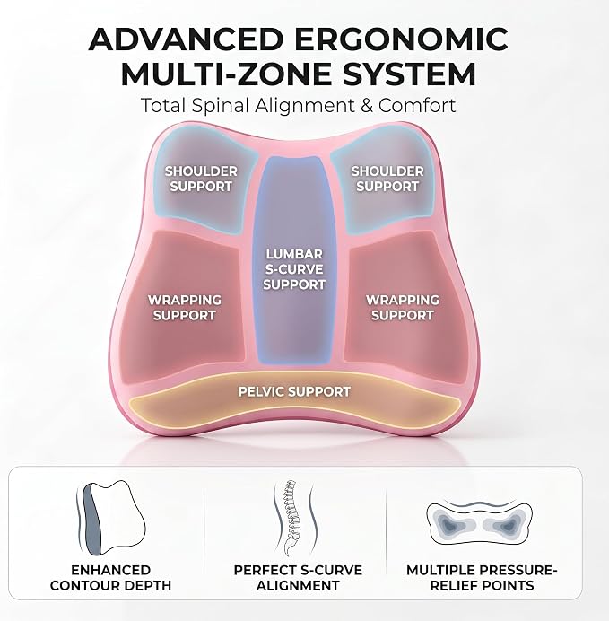 Lumbar Support Pillow, Ergonomic Memory Foam Back Cushion for Car Office Chair Gaming Chair, Washable Cool-Touch Cover for Lower Back Support (Pink)