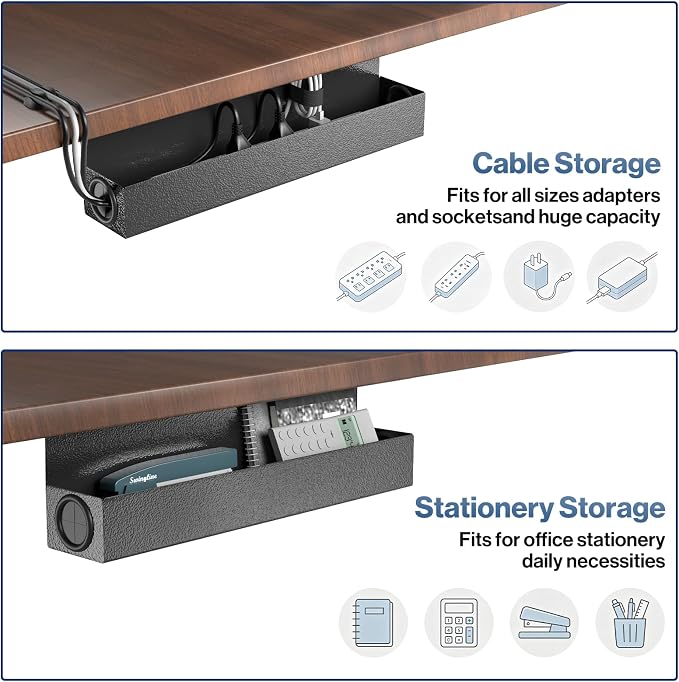 POCHAR Under Desk Cable Management Tray, 16.5" Extended Wire Organizer | Slim 3" Profile Steel Power Strip Holder, Screw-Mount Cord Hider for Wide Standing Desk Home Office