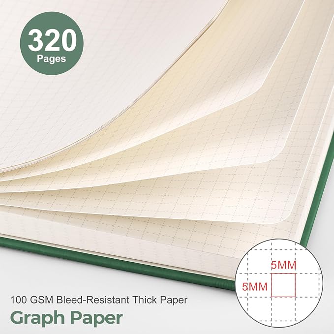 EMSHOI Graph Paper Notebook, 320 Pages, 100gsm Thick Paper, A5 PU Leather Hardcover, 5mm Grid Notebook for Work School Math Engineering Writing Graphing, Small 5.75"x8.38", Dark Green