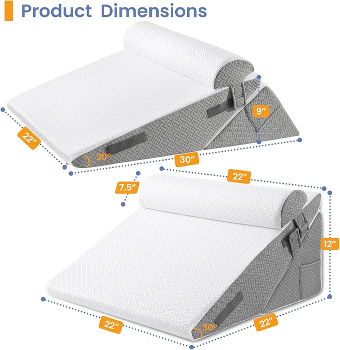 Sasttie Adjustable Wedge Pillow Set for After Surgery, Dark Grey & White | Bed Wedge Pillow Headboard with Memory Foam Neck Cushion, for Acid Reflux, Sleeping, Neck & Back Support