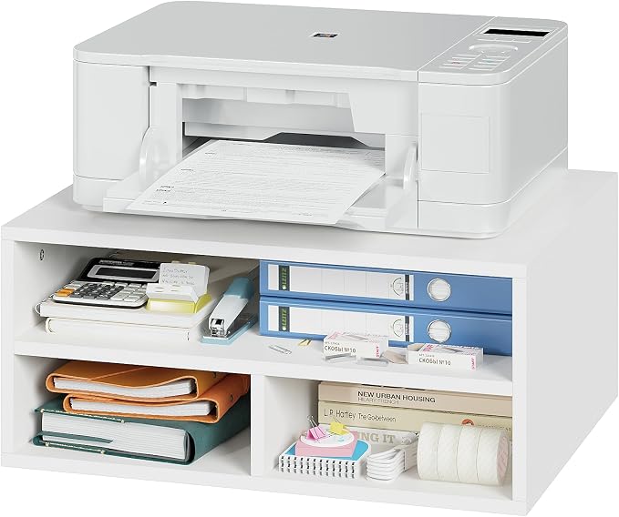ALISENED Printer Stand for Desk, 2-Tier Wooden Desk Organizer with Adjustable Compartments, Heavy Duty Desktop Stand for Printer Scanner Monitor, Space Saving Office Organization and Storage, White