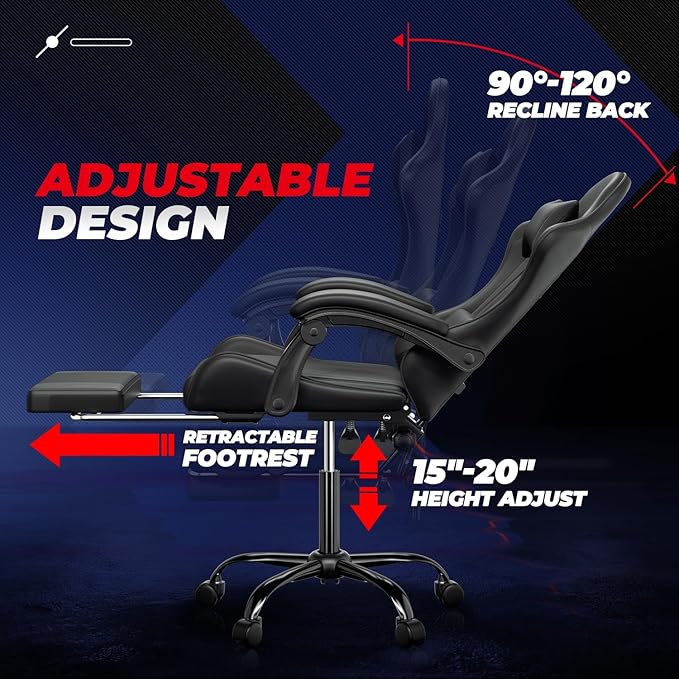 Auto Dynasty Ergonomic Gaming Chair, High-Back Office Chair w/Adjustable Lumbar Support, Linkage Armrest, Headrest & Footrest, 350LBS Recliner Swivel Computer Game Racing Chair, Black