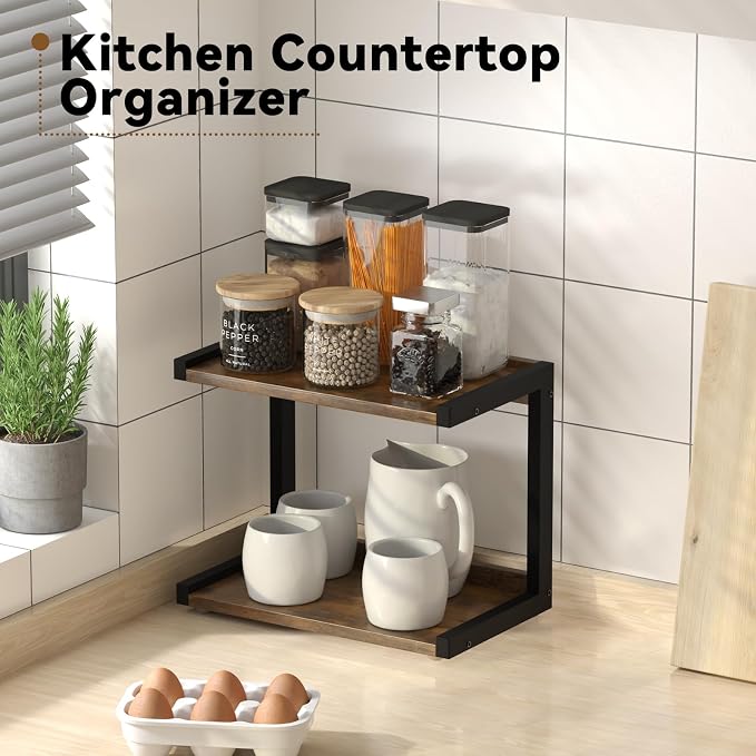 MARTY Kitchen Counter Shelf Organizer, 2 Tier Coffee Station/Bar Organizer | Spice Rack for Countertop, Mugs Cups, Desk Shelf Riser, Bathroom Counter Organizer, Wood+Metal, Rustic Brown