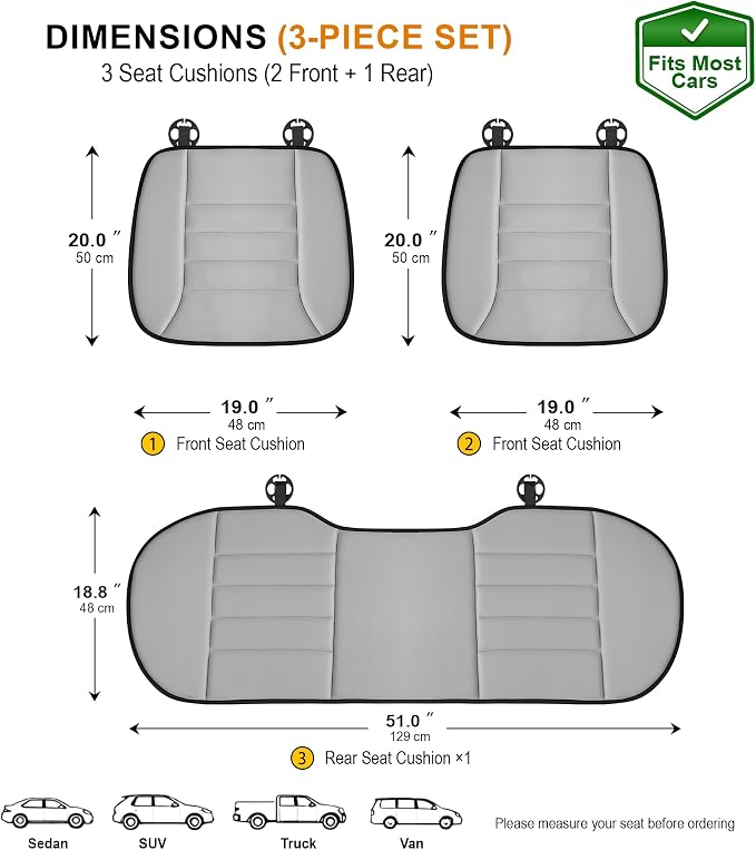 kingphenix 3-Piece Memory Foam Car Seat Cushion Set for Driving Comfort | 2 Front Seat Cushions and 1 Rear Bench Pad, 1.2-Inch Memory Foam, Non-Slip Bottom for Sedan, SUV, Truck and Van, Gray