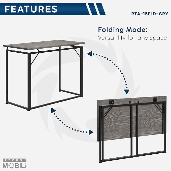 40" W Folding Desk for Small Spaces, Folding Table or Portable Computer Desk, Space-Saving Workstation for Home Office, Bedroom, Dorm and Study, No Assembly Required, Grey