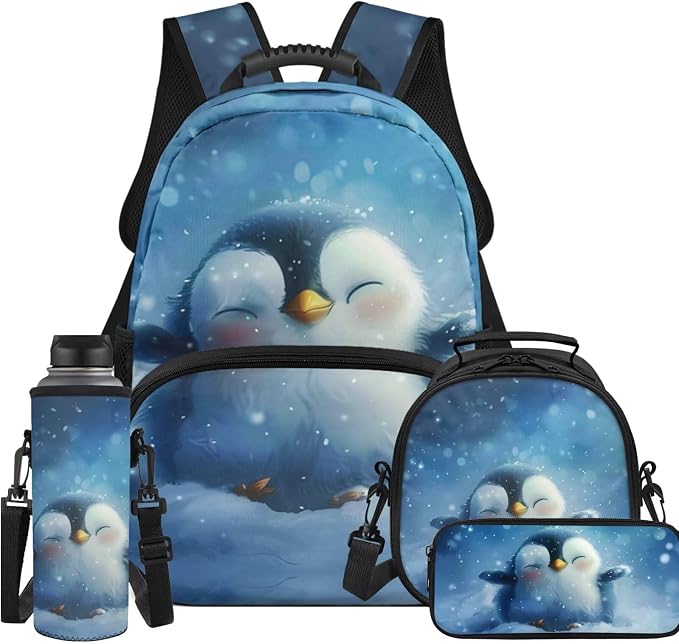 Ystardream Cute Penguin Backpack for Girls Backpack and Lunch Box Lightweight Elementary School Bag with Comfortable Adjustable Straps for Student Easy Carry 4 Pcs Kindergarten Supplies for Teenager
