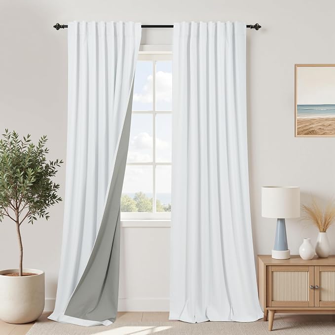 KOUFALL White Blackout Curtains 86 Inch Length for Living, Linen Thermal Curtains for Summer Heat Textured Farmhouse Curtains 86 Inches Long