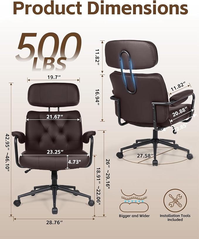 Mid Century Modern Home Office Desk Chair, Ergonomic Office Chair Big and Tall, High Back Executive Office Chair Leather Extra Wide, Computer Chair Comfy, Adjustable Height Rolling Chair, Brown 4PC