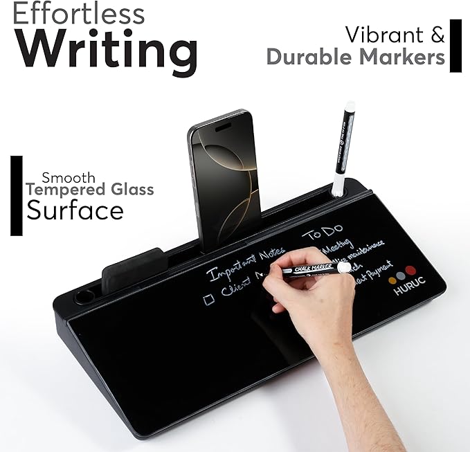 Small Glass Desktop Whiteboard with Storage,15.3"x7.08"x2.16" inch Desktop Dry Erase Board with Markers & Duster, Desk White Board Buddy Organizer for Home, Office, School (Black)