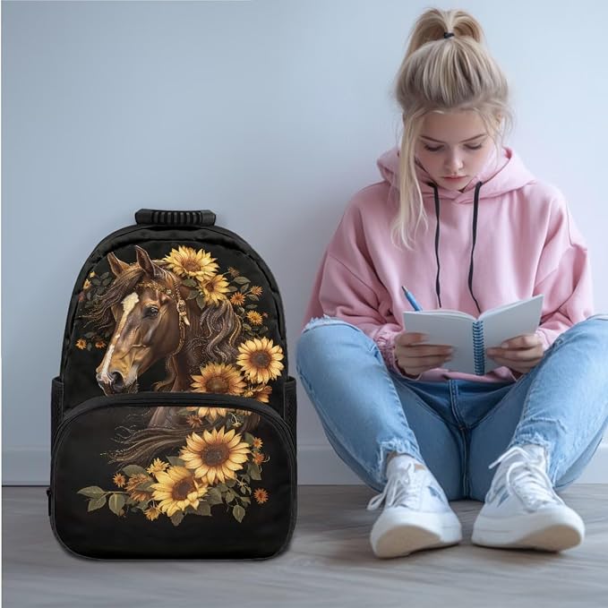 Ystardream Cool Horse Backpack for Girls 6th Grade Kids School Backpack with Lunch Box Set Elementary Student Back To School Bookbag with Water Bottle Sleeve & Pencil Case for Teenager,Black