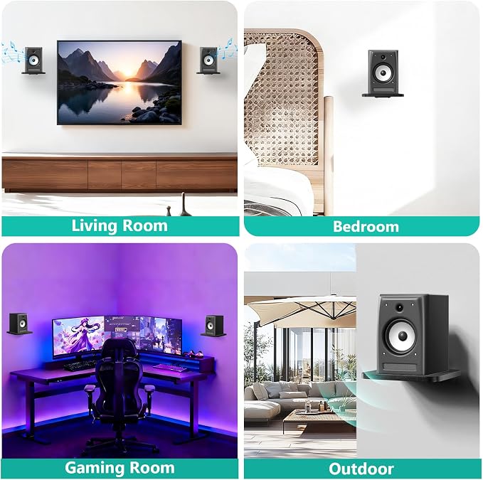 WALI Speaker Wall Mount, Heavy Duty Bookshelf Speaker Floating Wall Shelves, Surround Sound Speakers Stand for Living Room, Home Theater and Gaming Room, Holds up to 55 Lbs, (SWM302B), 1 Pair, Black