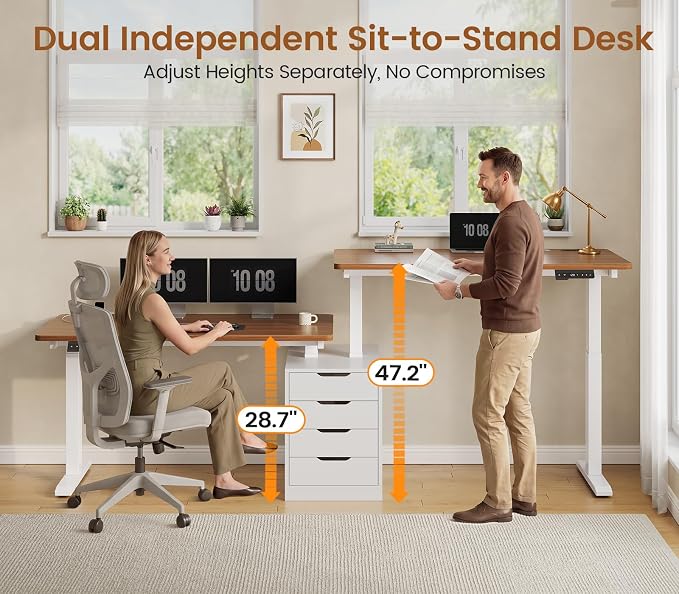 SEDETA Standing Two Person Desk, 94'' Long Computer Desk with 4 Drawers, 2 Power Outlets, CPU Stand, Electric Height Adjustable 2 Person Desk with Cable Management for Home Office, White+Brown