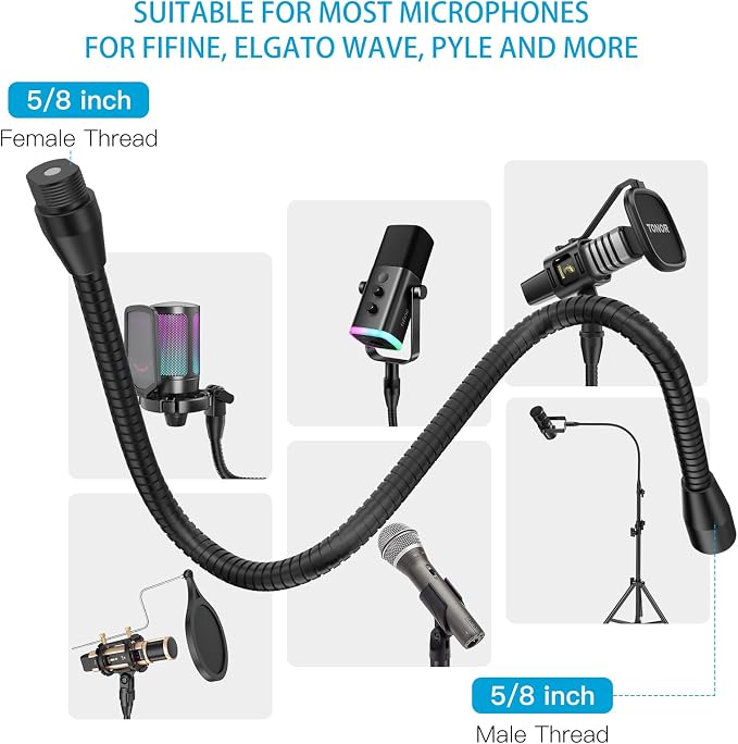 ZealSound Upgraded Metal Hose Arm, 19 inch Flexible Gooseneck Stand, Heavy Duty Extension for Microphone, Mic Floor Stand, Phone Holder, Makeup Mirror, 5/8" Thread