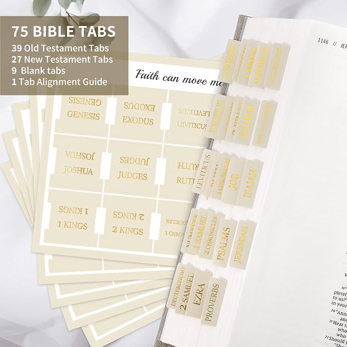 Bible Tabs for Women & Men, Bible Tabs for Study Bible, Large Print Bible Tabs for Easy Navigation, Bible Index Tabs, 66 Tabs Old & New Testament, Extra 9 Blank Tabs - Beige
