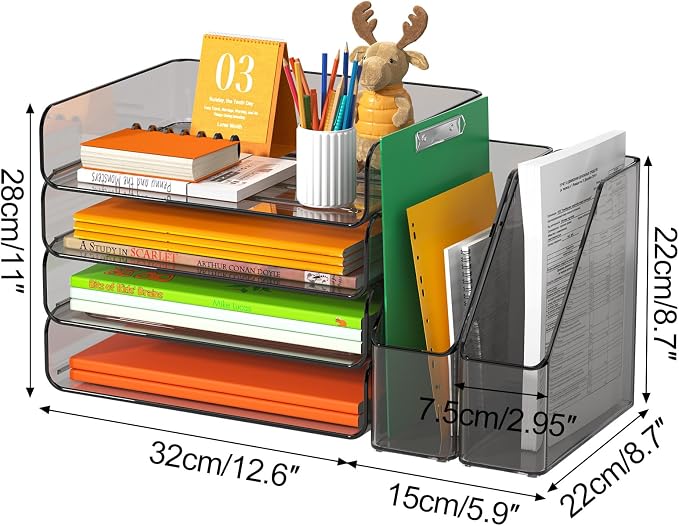 FANXIYQ 4-Tier Brown Acrylic Paper Tray Organizer with 2 Bookends | Tool-Free Stackable 1-4 Tier Design with 2 Bookends for Files, Folders and A4 Paper; For School, Home Office and Study Room