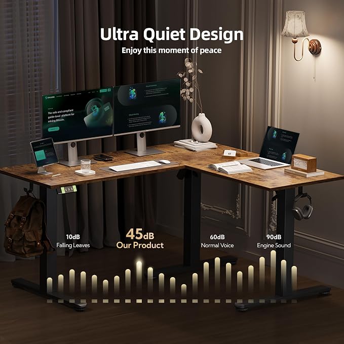 Claiks L Shaped Height Adjustable Electric Standing Desk with Dual Motors and Headphone Hook, 59" Corner Sit Stand Desk with Memory Presets for Home Office & Gaming, Rustic Brown