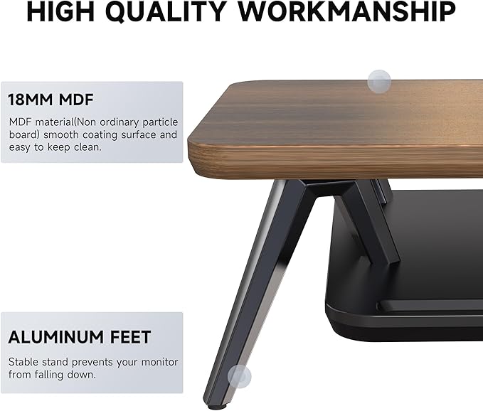 Fenge Dual Monitor Stand Riser, Wooden Desk Shelf with 2-Tier Storage | 42.5-Inch Wide, Sturdy Aluminum Legs, Built-In Phone & Tablet Slot, Desktop Organizer for Office Accessories