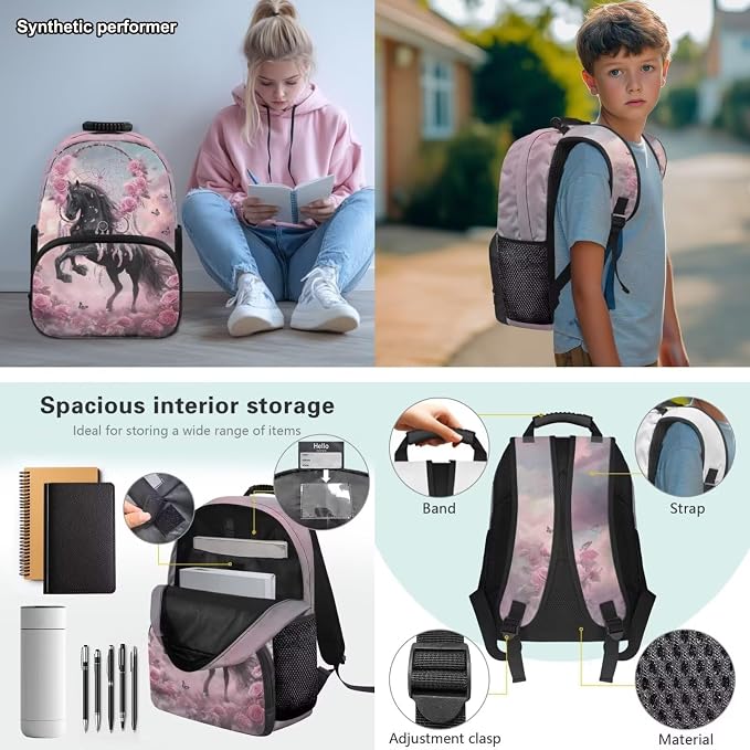 Black Horse Backpack Set - 4Pcs Dreamcatcher Backpacks for Girls Ages 6-10 - Kids Bookbag with Lunch Box & Pencil Case - 17 Inch School Bag for Elementary Back to School