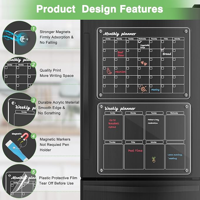 WALGLASS Acrylic Calendar for Fridge, Monthly Clear Acrylic Magnetic Dry Erase Board for Refrigerator, Set of 2 Stronger-Magnetic Reusable Fridge Planner, Includes 6 Liquid Chalk Markers