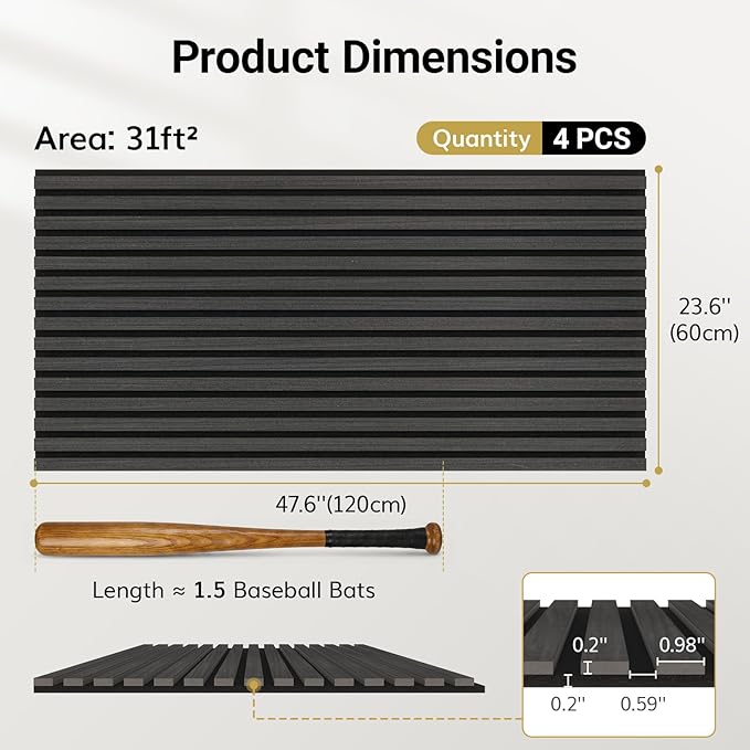 TONOR Wood Wall Panels for Interior Wall Decor, 4 Pack 47.2" x 23.6"(31ft²) Wood Slat Acoustic Panels, Soundproof Wall Panels for Noise Cancelling and Decoration, Living Room, Bedroom, Office, Black