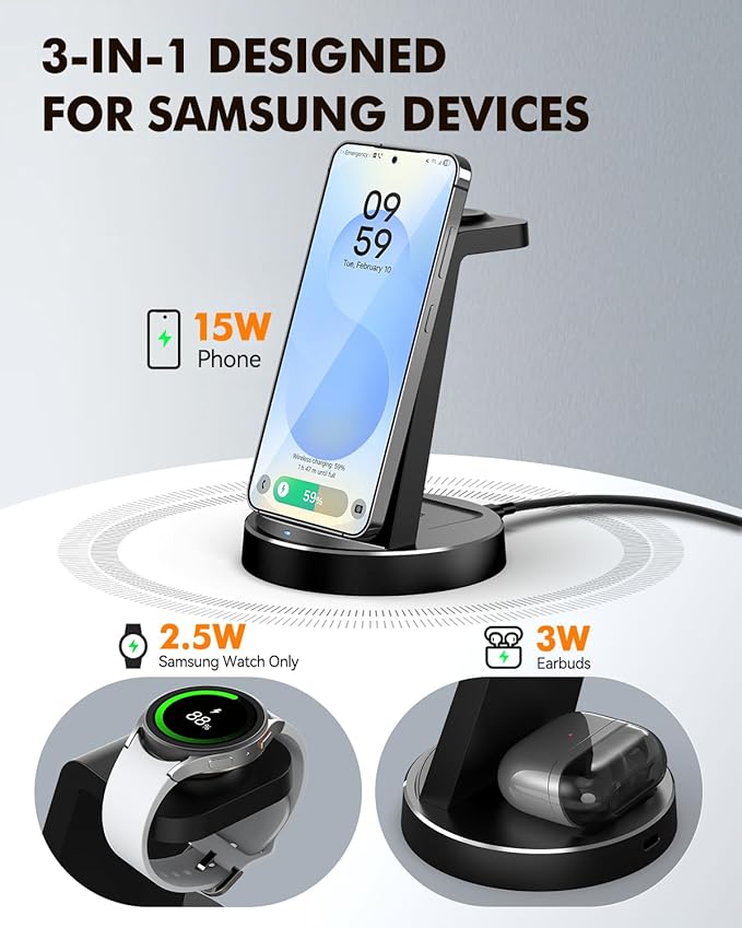 Wireless Charger for Samsung: 3 in 1 Charging Station for Samsung S26/S25/S24/S23/S22/S21, Note 20/10, Z Fold 6/5, Galaxy Buds 4/3/2 Pro, Galaxy Watch Ultra/8/7/6/5-Android & iPhone 15W Charging Dock
