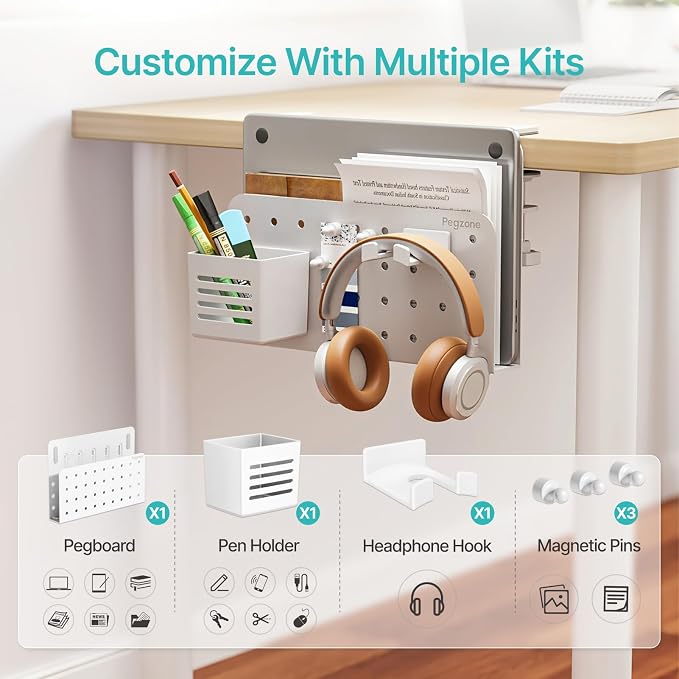 PEGZONE Desk Side Storage Organizer, Fits Flat Edge 0.4" to 2.2", White | No Drill Under Desk Laptop Holder, Clamp on Desks Shelf with Pegboard Accessories, Hanging Laptop Mount