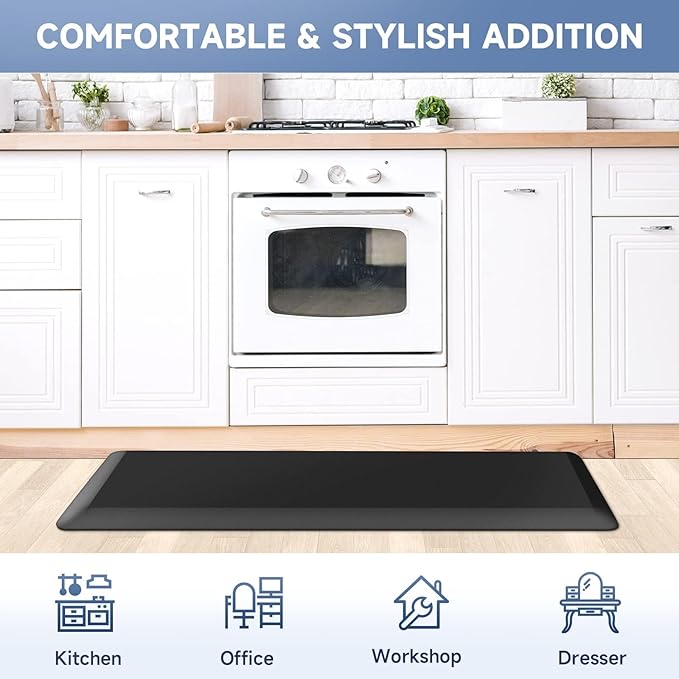 StepRite 4/5 Inch Thick Kitchen Mat Anti Fatigue Mat Kitchen Rugs Kitchen Decor Non-Slip, Stain & Water Resistant, Kitchen Mats Desk Mat for Kitchen, Office, Workshop, Black, 17'' x 47''