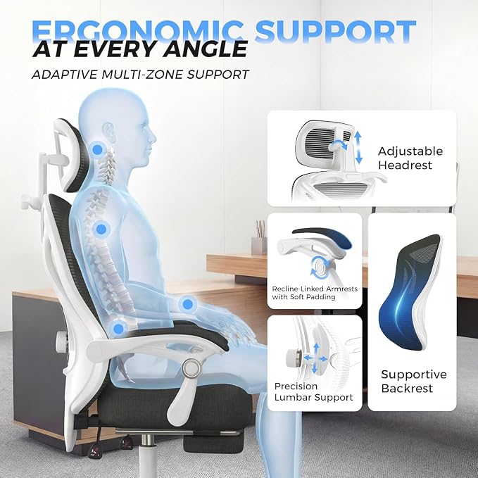 Ergonomic Office Chair with Footrest - Adjustable Lumbar Support & Headrest, 90-160° Reclining Mesh Back Computer Chair - Home Office/Gaming, 330lbs Capacity