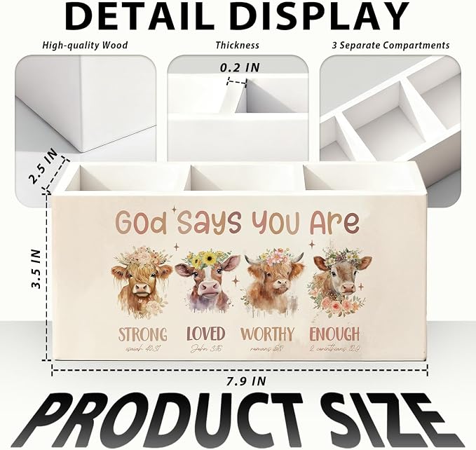 Highland Cow Christian Pen Pencil Holder for Desk, Christian Gifts for Women, God Says You Are Bible Verse Western Highland Cow Wooden Box Sign Decorations for Home Office Desk Tabletop