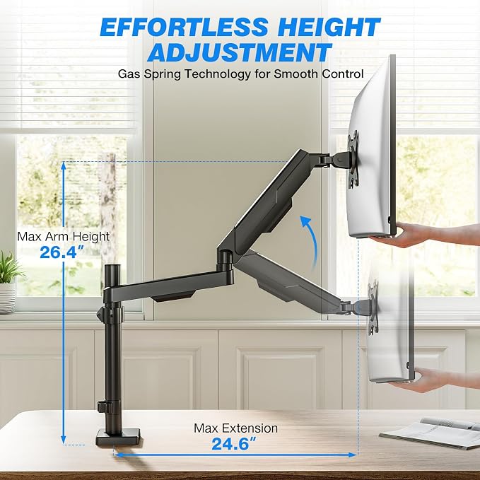 Single Monitor Arm Desk Mount for 17-34" Screens, VESA Stand Holds 22 lbs | Full-motion Adjustability, +90 to -45° Tilt, 180 Swivel, 360 Rotation, Standard 75x75mm and 100x100mm Compatible