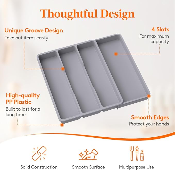 Lifewit Utensil Organizer for Kitchen Drawer, Expandable Cooking Silverware Tray, Adjustable Cutlery Flatware Holder, Plastic Spatula Tools Storage Divider, 17.3 x 15.8", Gray