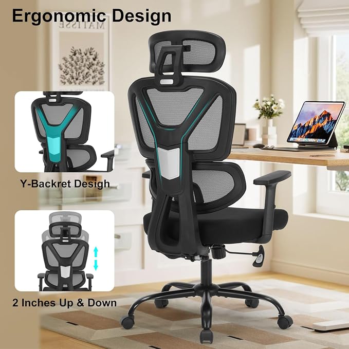Ergonomic Office Chair Mesh HighBack Adjustable Headrest Arm Lumbar Support | Adjustable Height & Armrests, Lumbar Support Swivel Task Chair, 350LBS Executive Computer Chair for Home Office Study Meeting