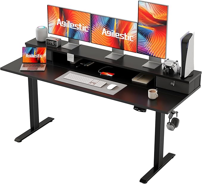 Agilestic 63 x 24 Inches Height Adjustable Electric Standing Desk with 2 Drawers, Stand Up Electric Desk Adjustable Height, Sit Stand Computer Gaming Table with Splice Board, Black