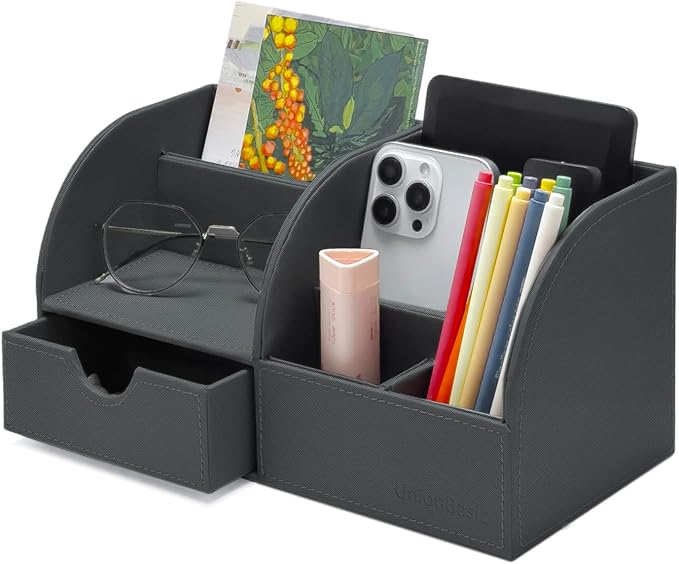 UnionBasic Desk Organizer - Multifunctional Leather Desktop Pen Holder Storage Box - Business Card/Pen/Pencil/Mobile Phone/Stationery Holder, Taiga Dark Gray