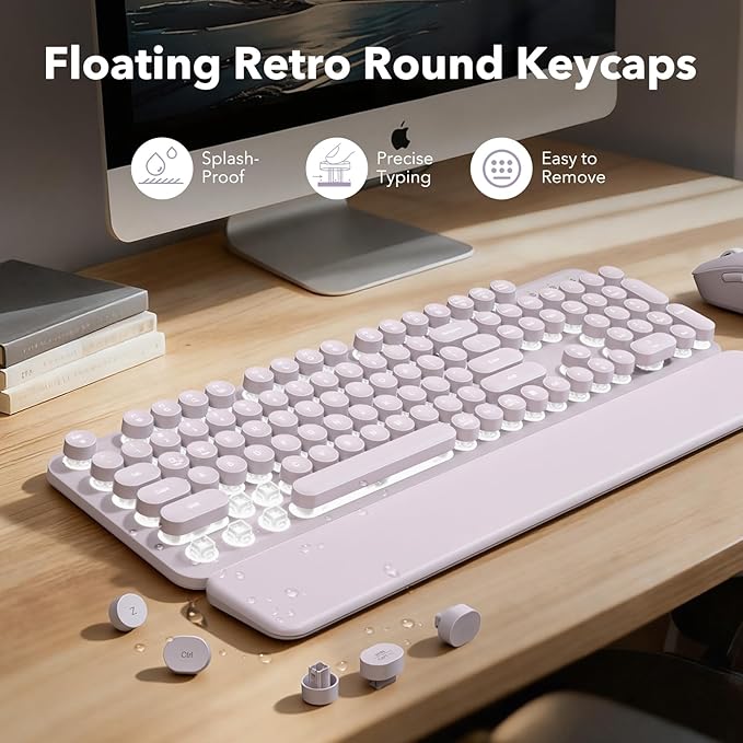 Wireless Keyboard and Mouse Combo, Backlit Round Keycaps, Retro Typewriter Keyboard with Magnetic Wrist Rest, USB-C Rechargeable & Tilt Legs, 2.4GHz Cordless for Mac Windows PC (Glowing Pastel Purple)
