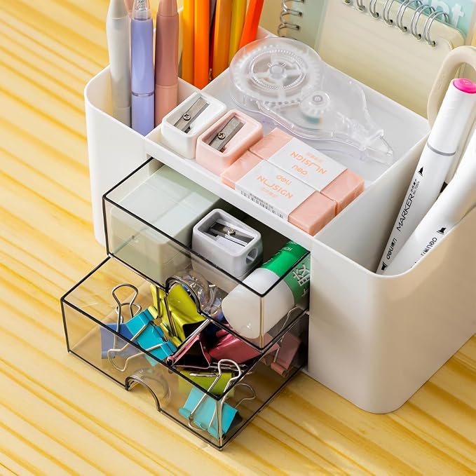 Stationary Organiser 7-Grid Desk Organizer with Drawer – Multifunctional Plastic Table Organizer & Pen Holder for School, Office, and Home (White)