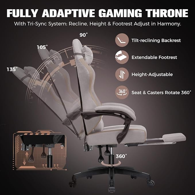 GTPLAYER Big and Tall Gaming Chair 350lbs Heavy Duty Office Chair with Foot Rest,High Back Pocket Spring Ergonomic Computer Chair for Adults,Wide Comfy Seated Cushion with Linkage Armrests,Light Brown