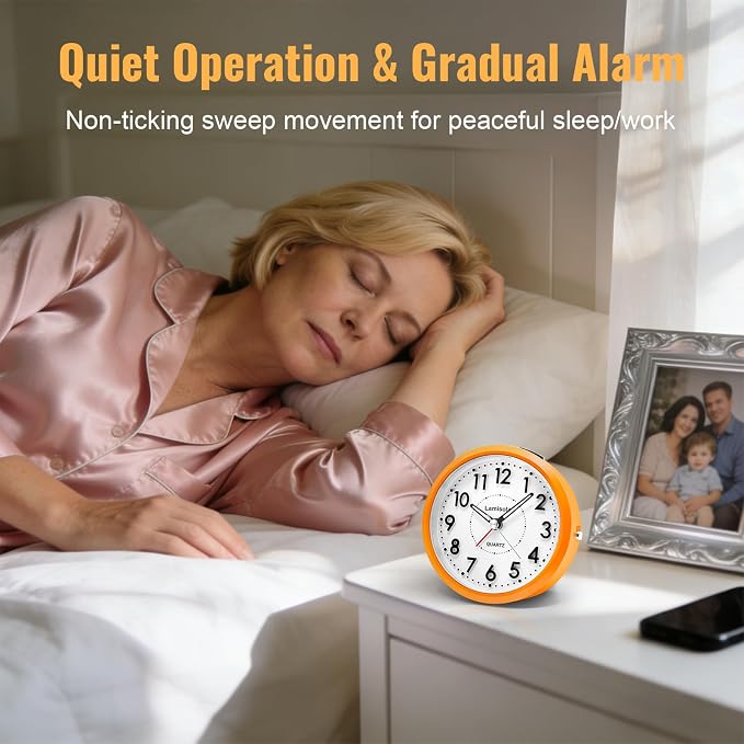 Lamisola 4 Inch Alarm Clock for Bedrooms, Small Analog Desk Clock, Orange | Battery Operated Bedside Clock for Bedroom Bathroom Home Nightstand Shelf, Night Light Snooze, Minimalist Clocks for Seniors