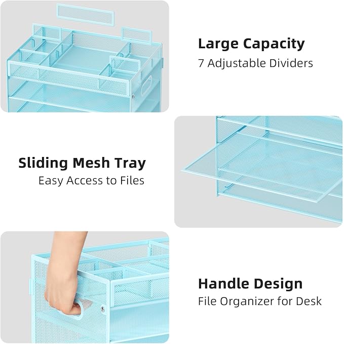 Marbrasse 5 Tier Paper Organizer, Mesh Desk Letter Tray with Handle,Blue | Paper Sorter Desk Organizer for Letter/A4 Office File Folder Holder Home Office Supplies