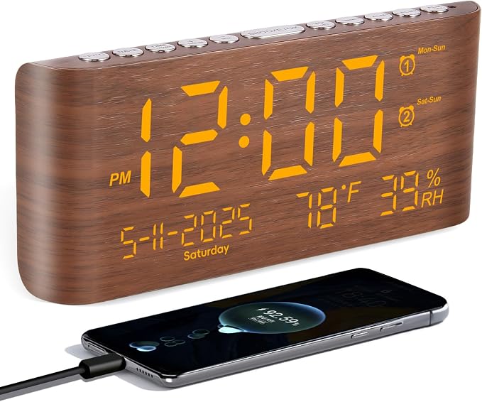 PPLEE 8.7-Inch Large Display Digital Alarm Clock, Dual Alarms & 2 USB | Day, Date, Temperature & Humidity Display, Adjustable Brightness, Snooze and Dual USB Charging for Bedroom and Heavy Sleepers