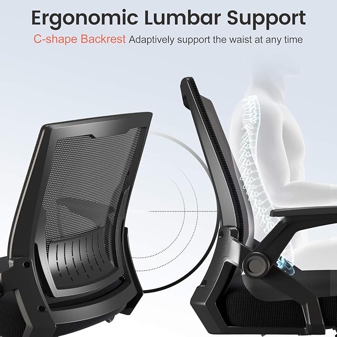 COMHOMA Office Chair with Flip-up Armrests Ergonomic Computer Desk Chair with Adaptive Lumbar Support & Breathable Mesh, Black, Pack of 2