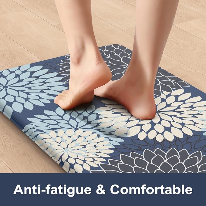 KIMODE Anti Fatigue Kitchen Mat for Floor Cushioned Comfort Standing Mat | 17.3"x29",Dahlia Blue, Kitchen Floor Mats Non Slip Waterproof,Wipe Clean,Farmhouse Mat for Laundry Office Sink Desk