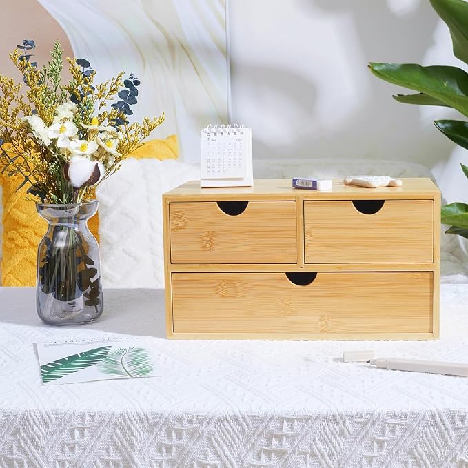Charmewooden Bamboo Desk Organizer 3 Drawer, Countertop Organizer with Drawers Makeup Storage Drawer 3 Drawers Tabletop Storage Organization Box Home Office Workspace