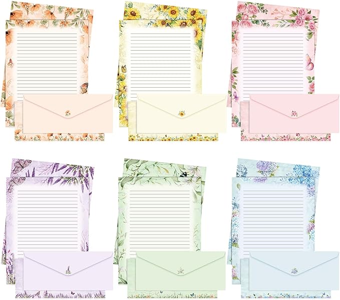 Funrous 90 Pcs Stationary Paper and Envelopes Set, 60 Sheets Floral Letter Paper and 30 Envelopes, 8.5 x 11 Inch Lined Writing Sheet for Mother's Day Wedding Religious Spring Party Invitation Gift
