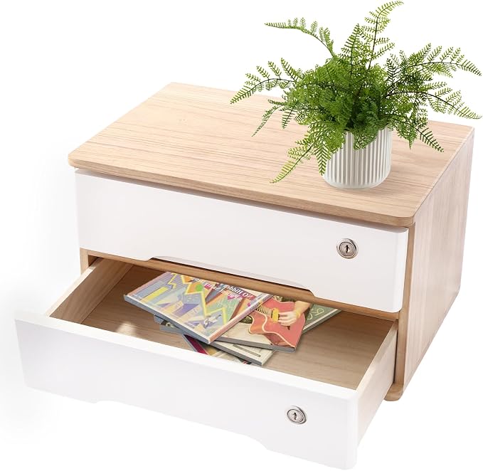 2-Tier Desktop Storage Box with Lockable Drawer, Wooden Desk Organizer for Office Supplies, Flat File Cabinet, Minimalist Design for Home & Office Use(Original Wood+White)