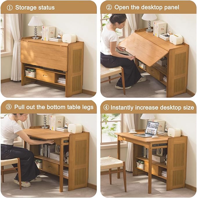 Bamboo Folding Desk with Bookshelf & Drawer, Small Foldable Computer Table, Wooden Space Saving Desks for Home Bedroom Study Office (Natural, 30.3″x27″x30.3″)